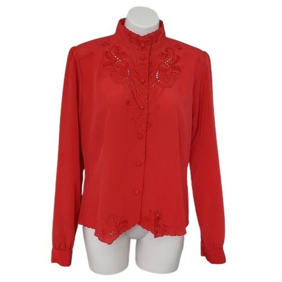 Vintage 80s Christie & Jill Embroidered Cut-out Red Blouse - Picture 1 of 16